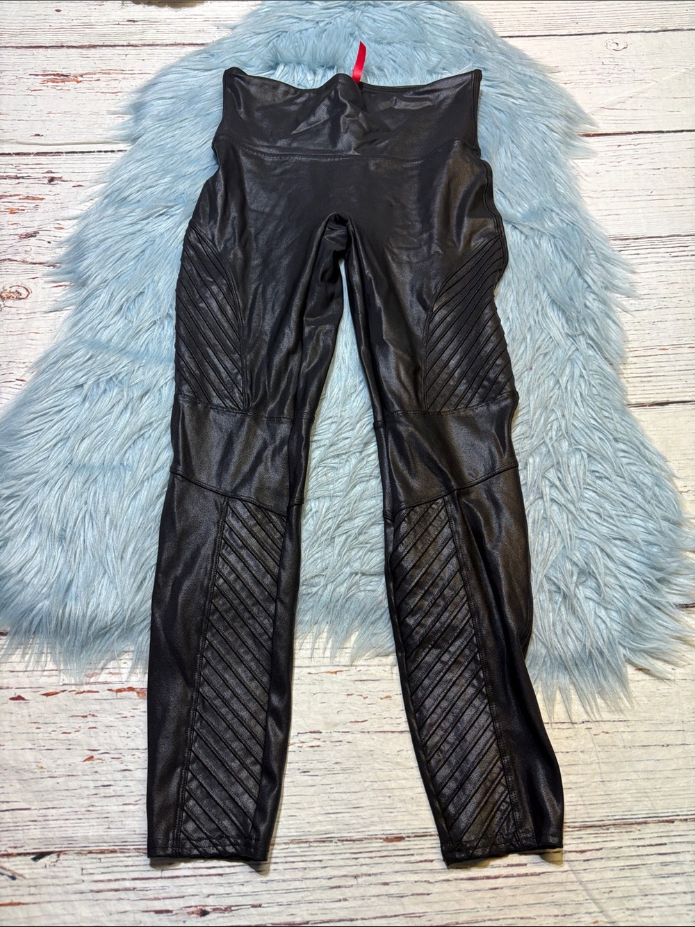 SPANX Black High-Waist Faux Leather Moto Leggings sz MP
